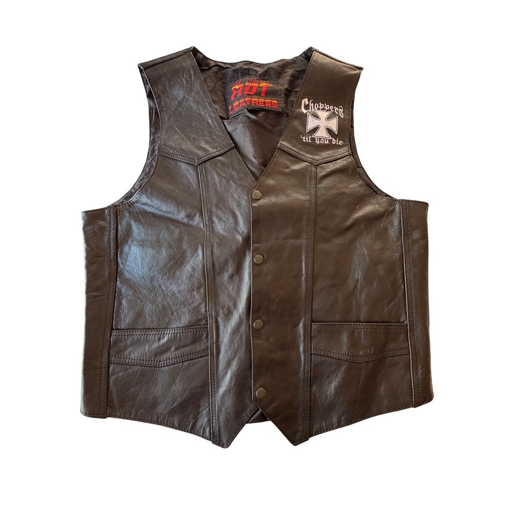 Hot Leathers Mens XL Black Genuine Leather Biker Vest Choppers Til You Die
